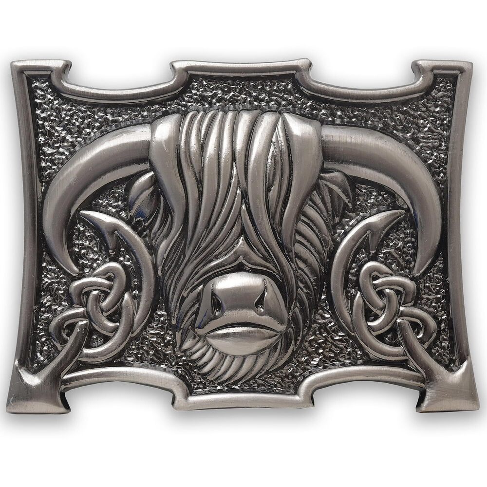 3835 Scottish Heilan Coo Kilt Belt Buckle – Highland Cow Pewter Buckle